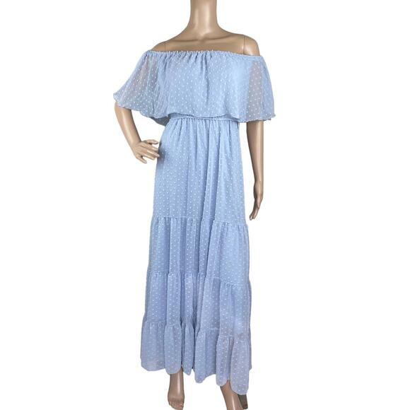 New Off The Shoulder Women Blue Ruffled Tiered Polka Dot Boho Maxi Dress S - Picture 1 of 6